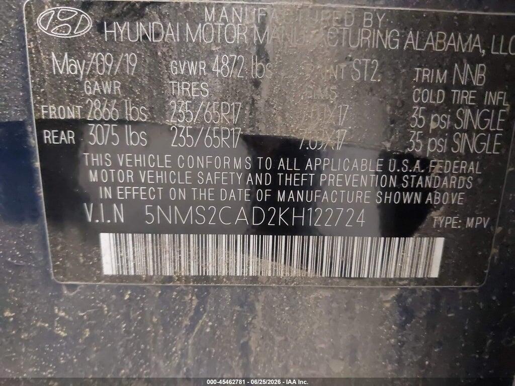 5NMS2CAD2KH122724 2019 HYUNDAI SANTA FE photo no. 9
