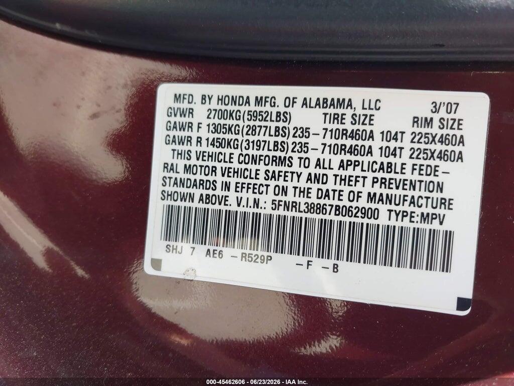 5FNRL38867B062900 2007 HONDA ODYSSEY photo no. 9
