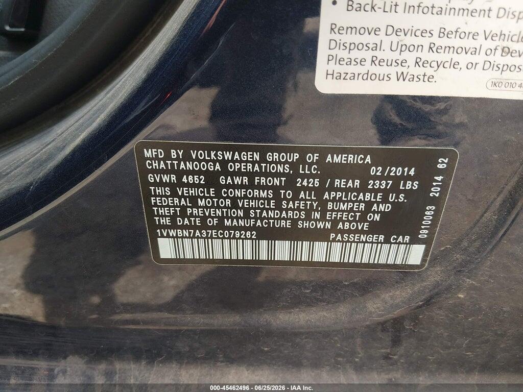1VWBN7A37EC079262 2014 VOLKSWAGEN PASSAT photo no. 9