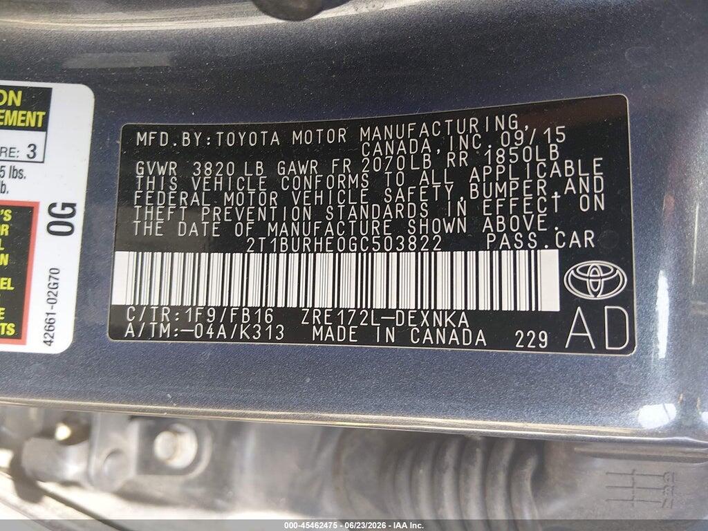2T1BURHE0GC503822 2016 TOYOTA COROLLA photo no. 9