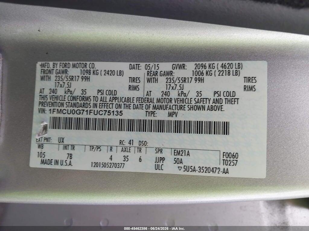 1FMCU0G71FUC75135 2015 FORD ESCAPE photo no. 9