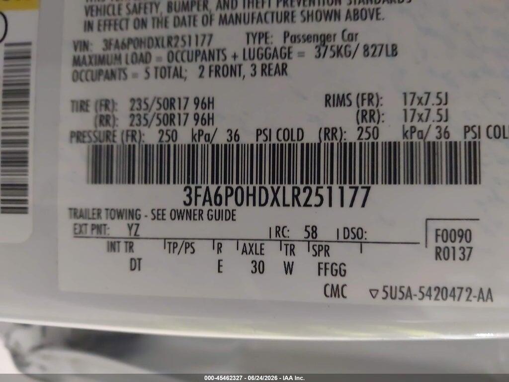 3FA6P0HDXLR251177 2020 FORD FUSION photo no. 9