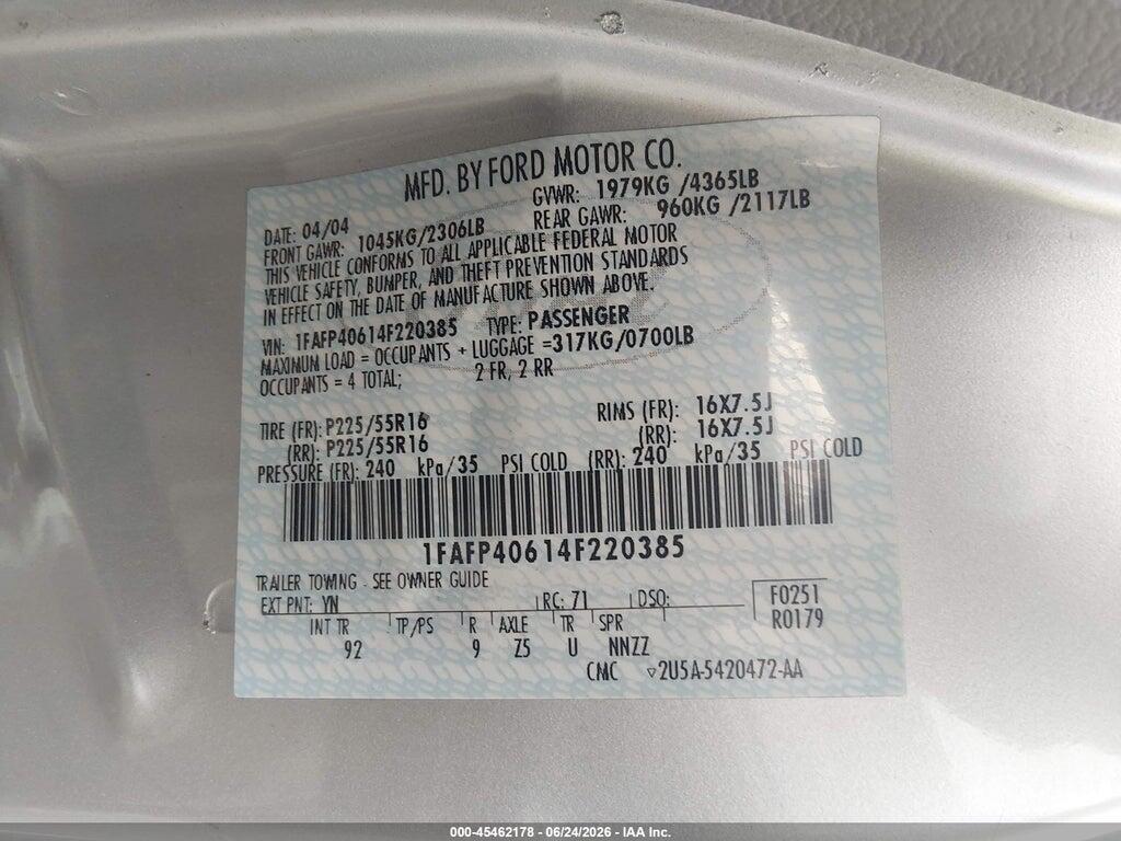 1FAFP40614F220385 2004 FORD MUSTANG photo no. 9