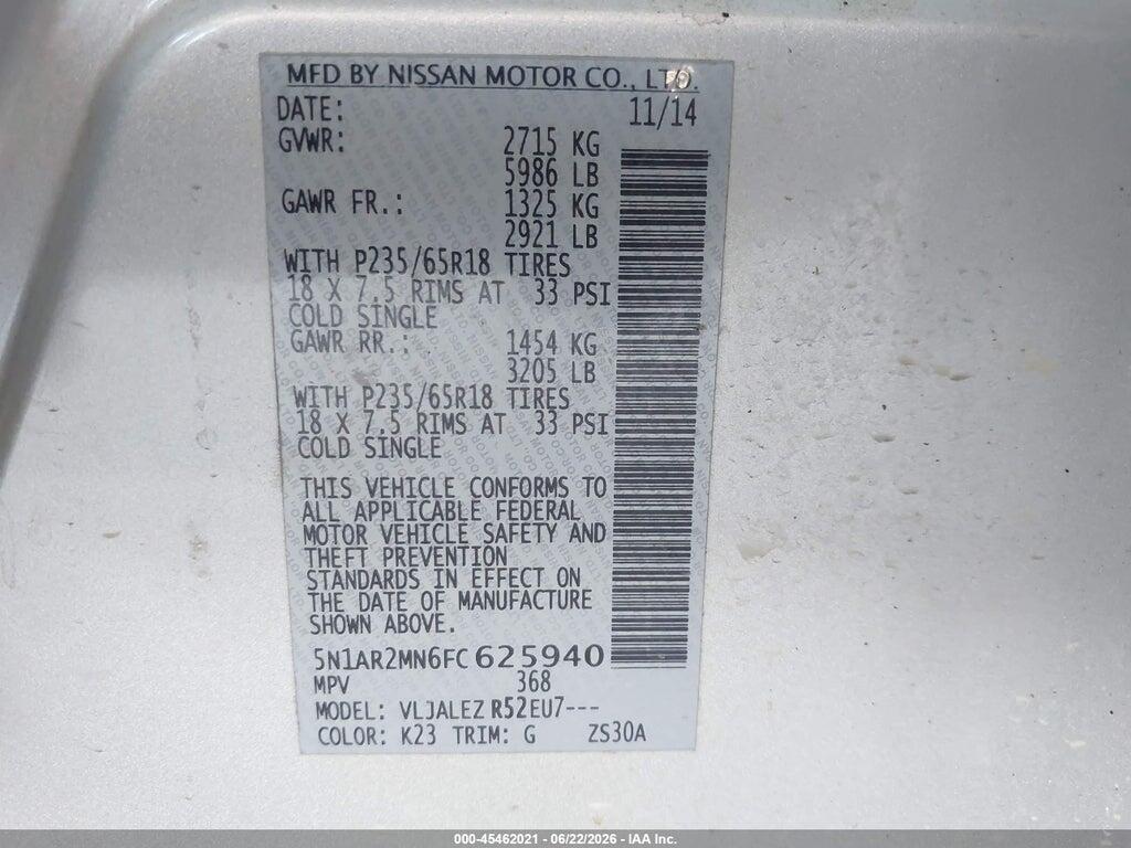 5N1AR2MN6FC625940 2015 NISSAN PATHFINDER photo no. 9