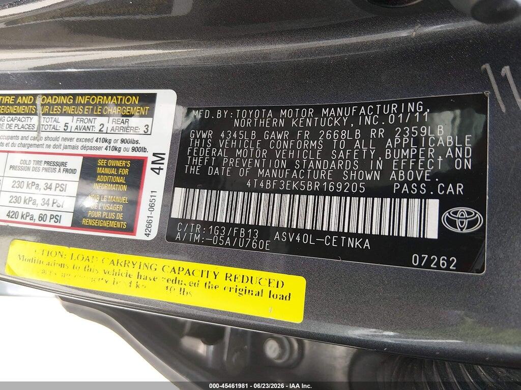 4T4BF3EK5BR169205 2011 TOYOTA CAMRY photo no. 9
