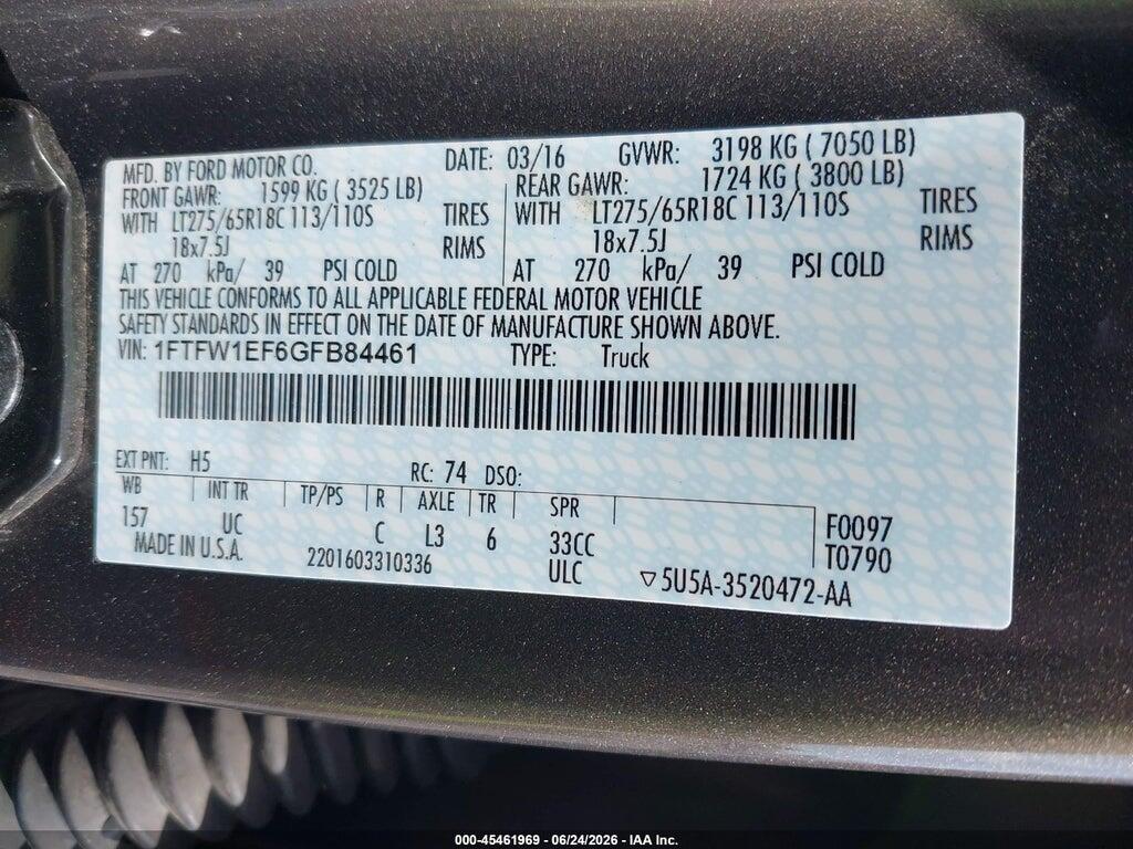 1FTFW1EF6GFB84461 2016 FORD F-150 photo no. 9