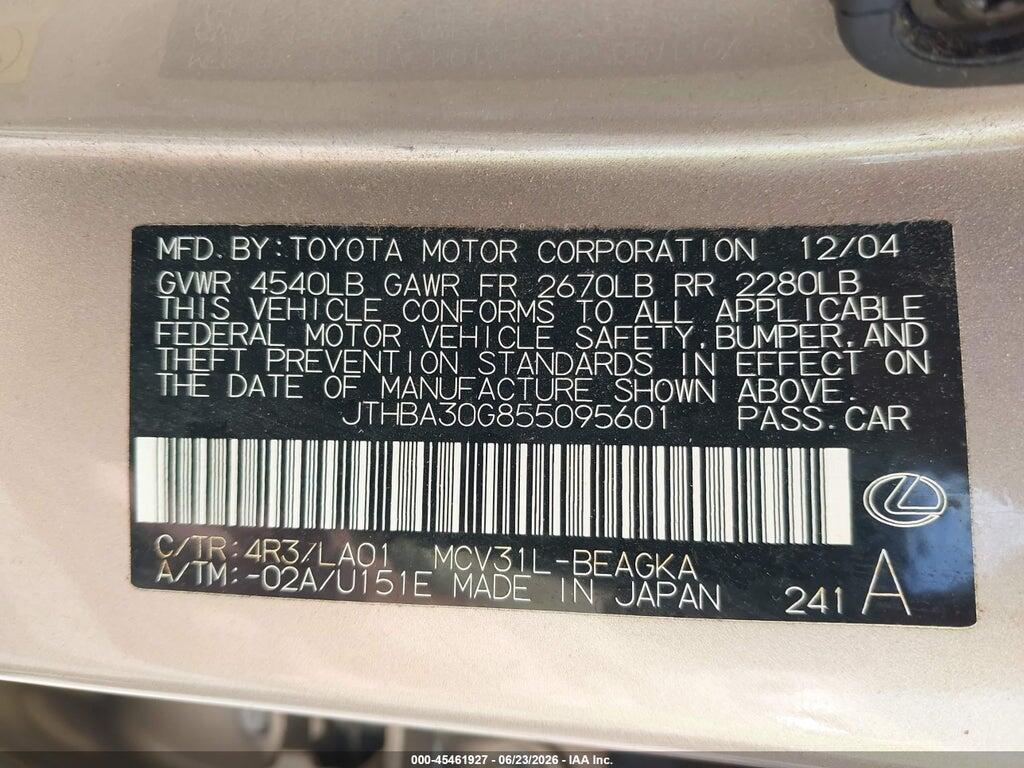 JTHBA30G855095601 2005 LEXUS ES 330 photo no. 9
