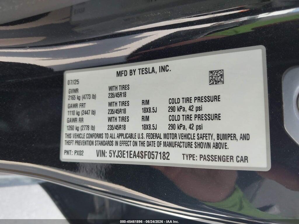 5YJ3E1EA4SF057182 2025 TESLA MODEL 3 photo no. 9