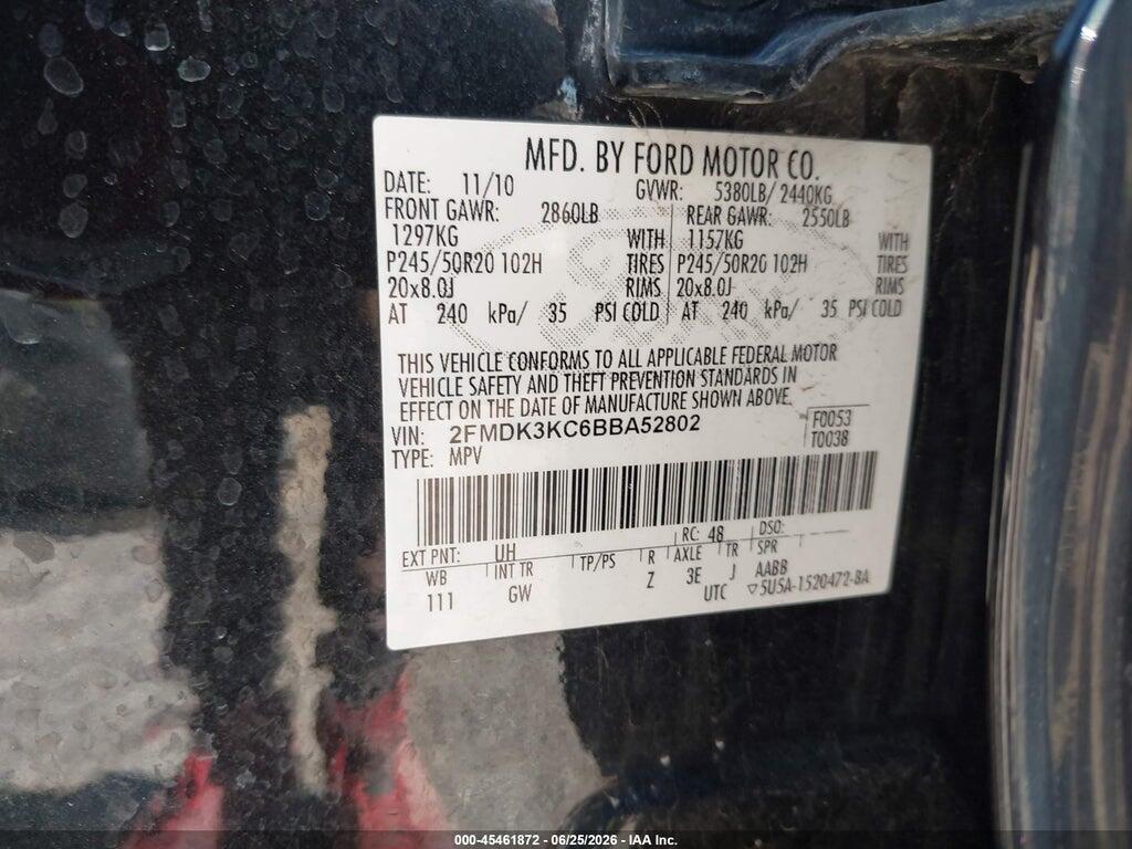 2FMDK3KC6BBA52802 2011 FORD EDGE photo no. 9