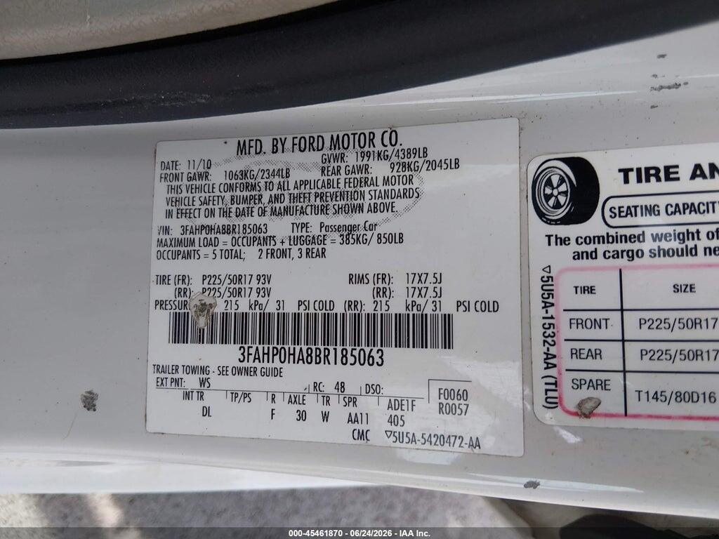 3FAHP0HA8BR185063 2011 FORD FUSION photo no. 9