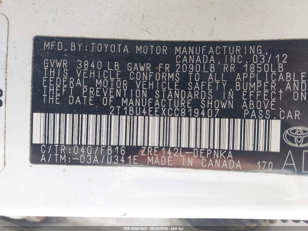 2T1BU4EEXCC819407 2012 TOYOTA COROLLA photo no. 9