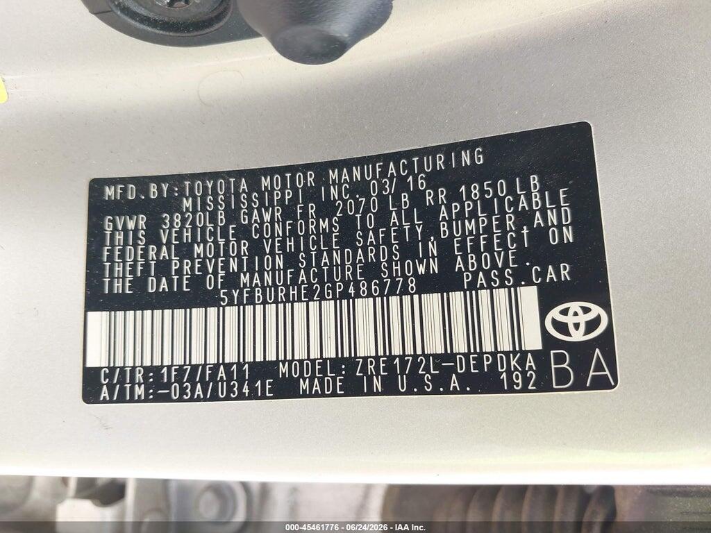5YFBURHE2GP486778 2016 TOYOTA COROLLA photo no. 9