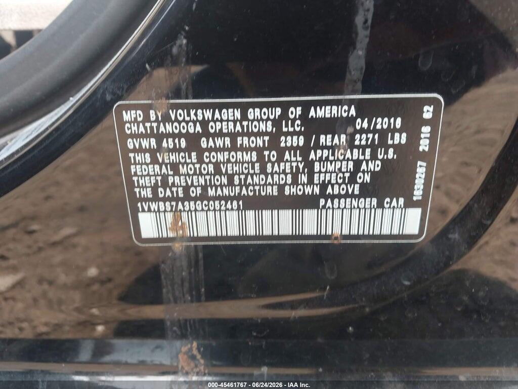 1VWBS7A35GC052461 2016 VOLKSWAGEN PASSAT photo no. 9