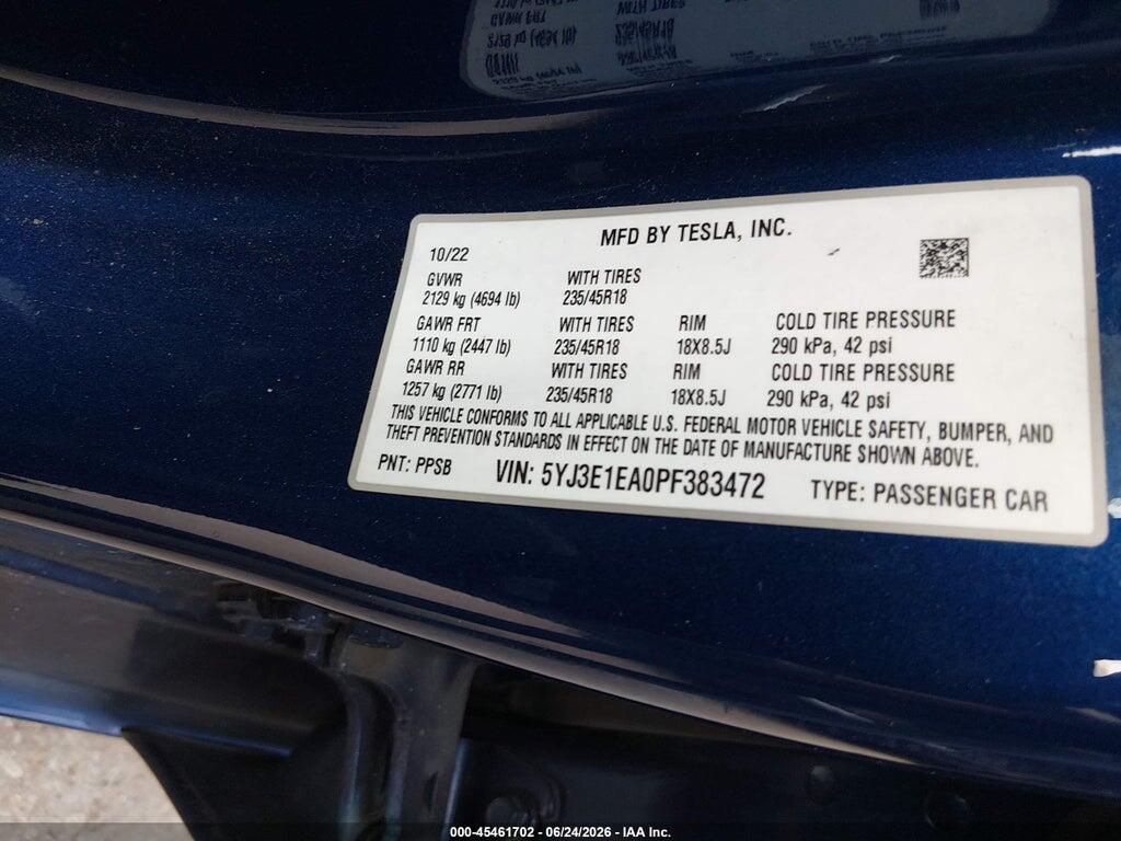 5YJ3E1EA0PF383472 2023 TESLA MODEL 3 photo no. 9