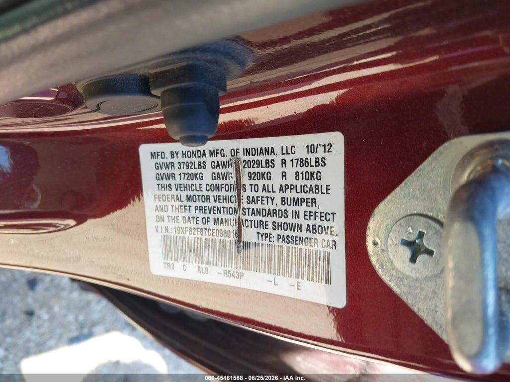 19XFB2F87CE098016 2012 HONDA CIVIC photo no. 9