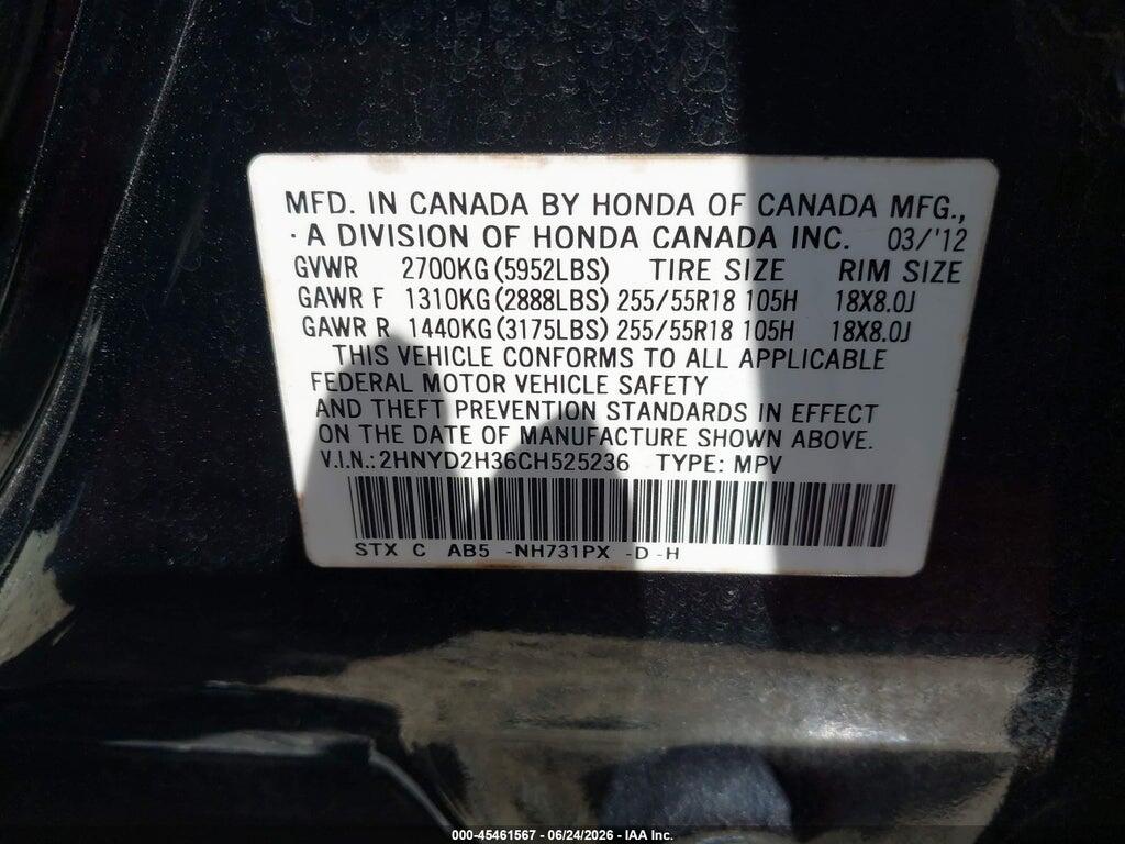 2HNYD2H36CH525236 2012 ACURA MDX photo no. 9