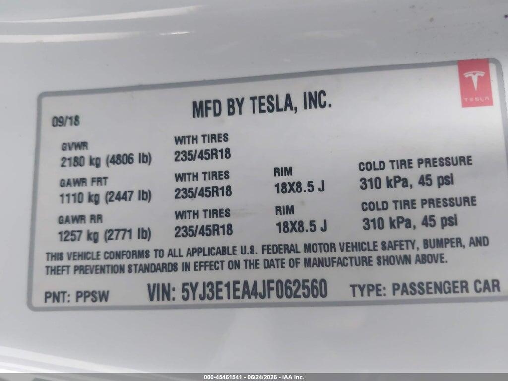 5YJ3E1EA4JF062560 2018 TESLA MODEL 3 photo no. 9