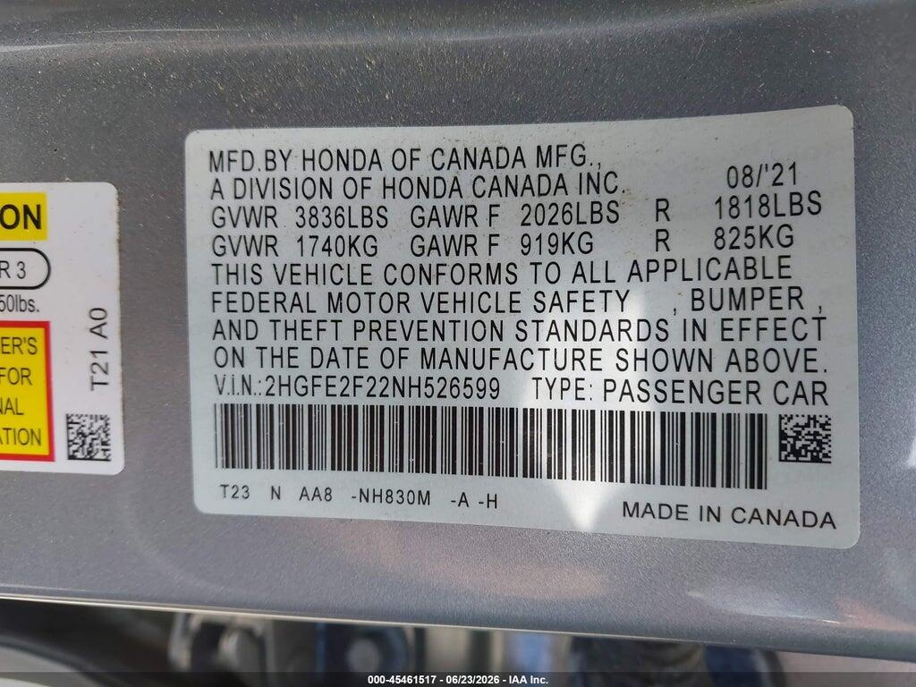 2HGFE2F22NH526599 2022 HONDA CIVIC photo no. 9