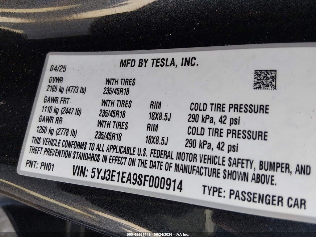 5YJ3E1EA9SF000914 2025 TESLA MODEL 3 photo no. 9