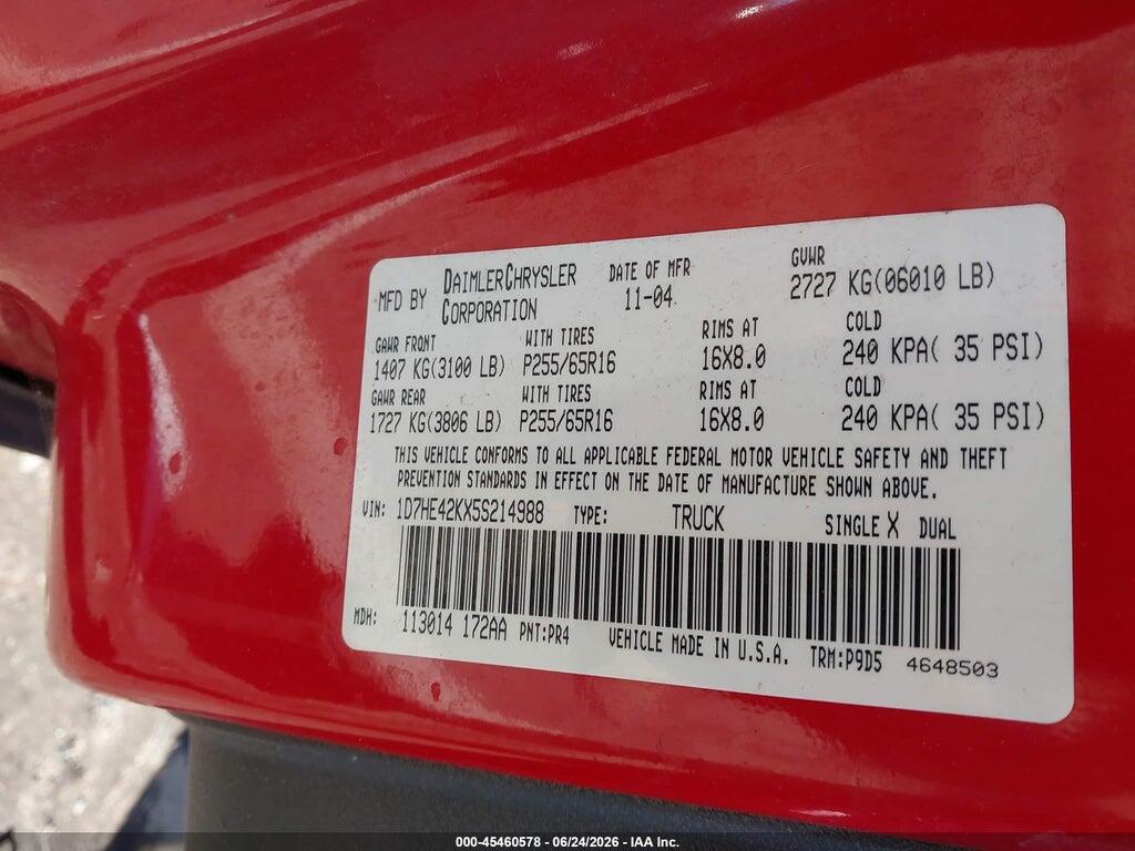 1D7HE42KX5S214988 2005 DODGE DAKOTA photo no. 9