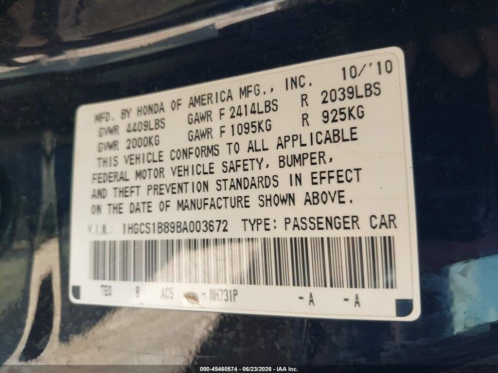 1HGCS1B89BA003672 2011 HONDA ACCORD photo no. 9