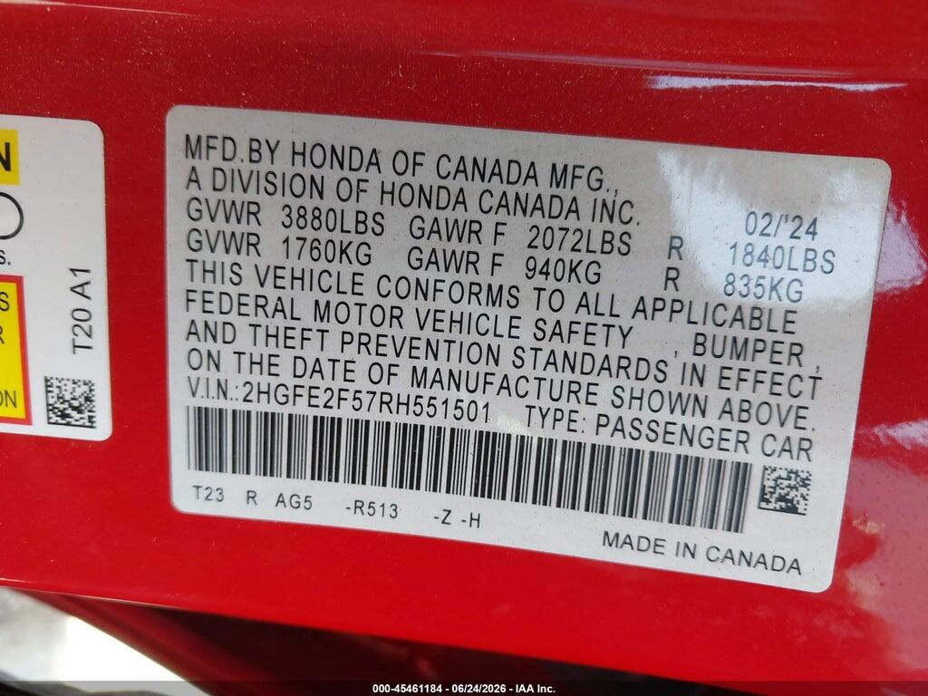 2HGFE2F57RH551501 2024 HONDA CIVIC photo no. 9