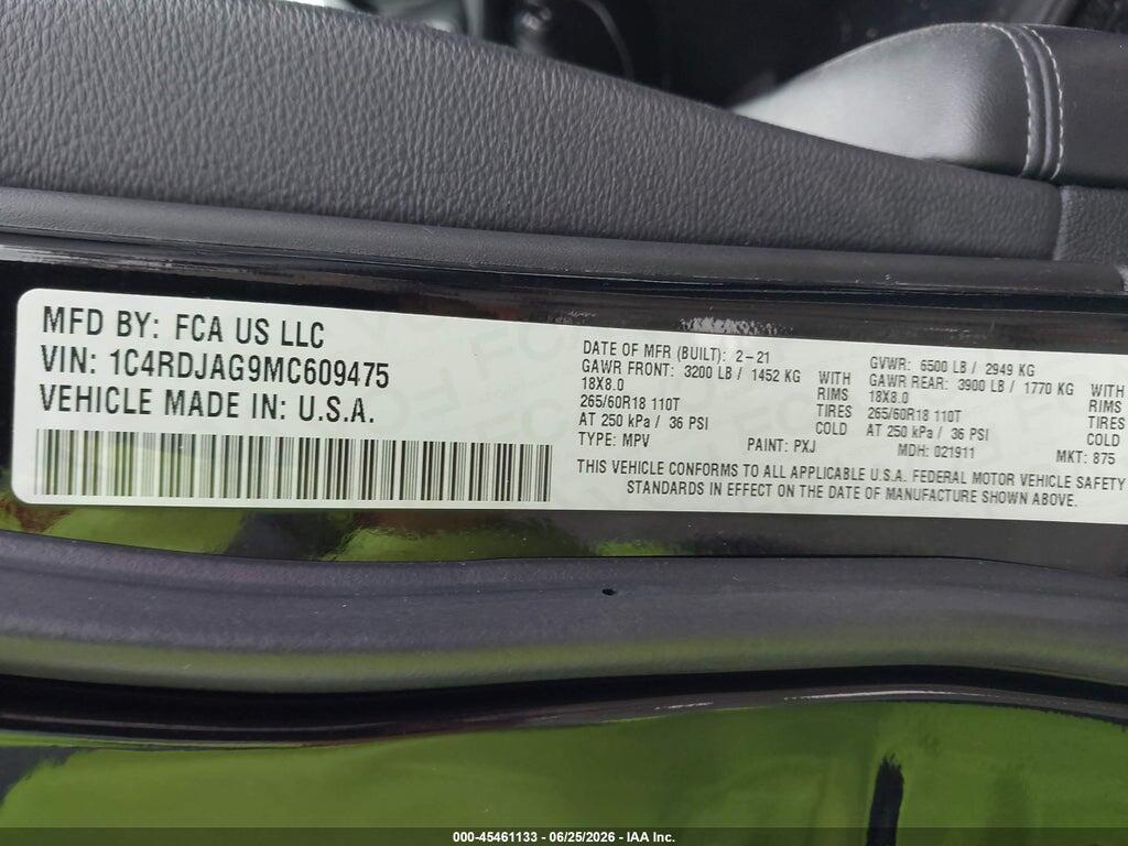1C4RDJAG9MC609475 2021 DODGE DURANGO photo no. 9