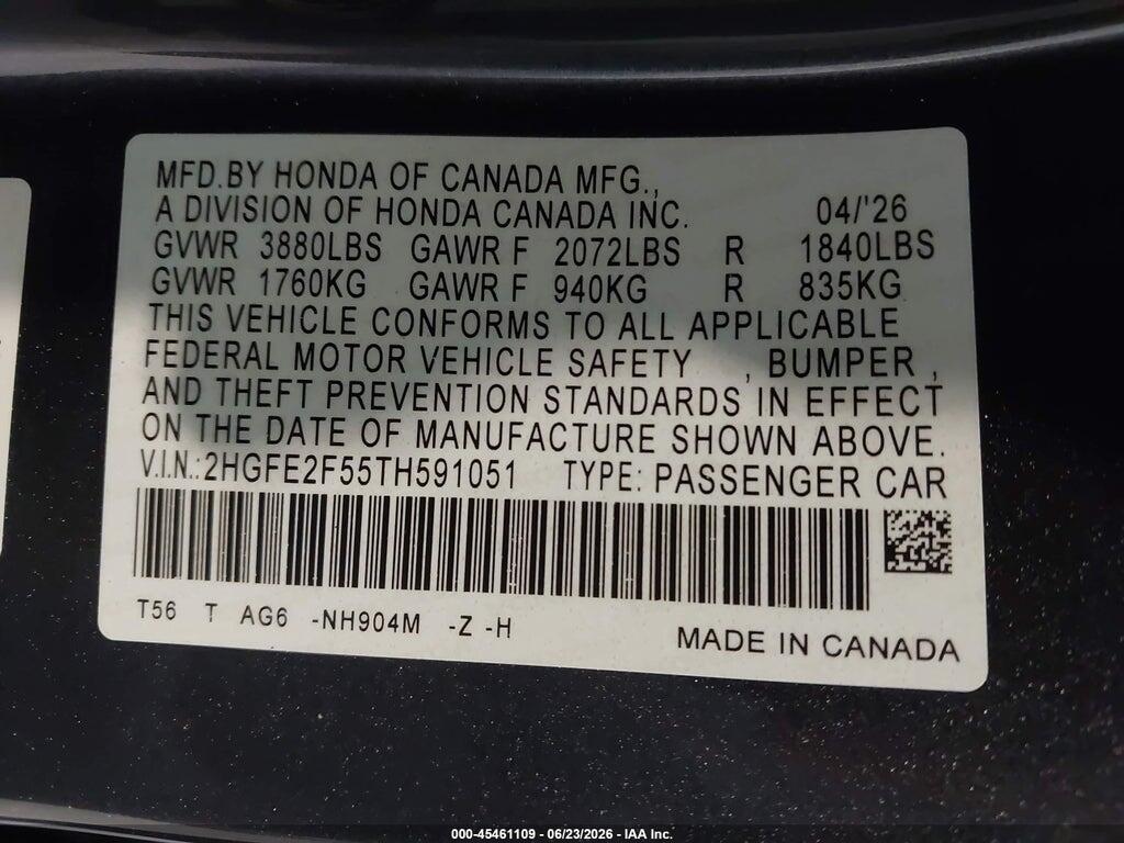 2HGFE2F55TH591051 2026 HONDA CIVIC photo no. 9