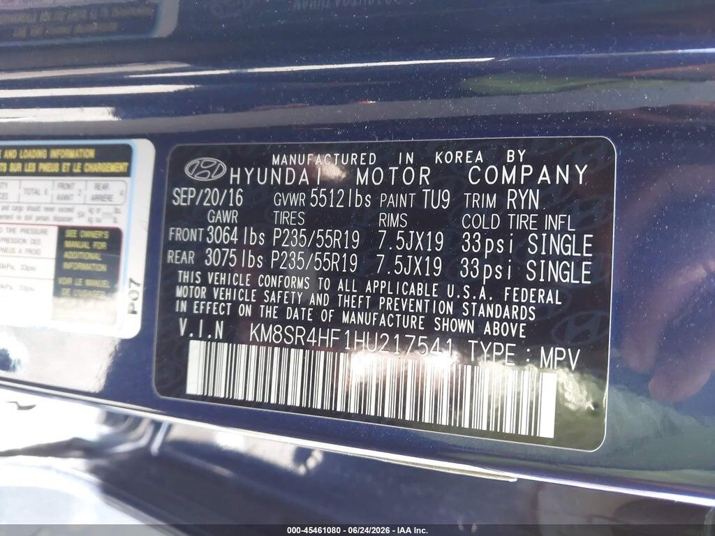 KM8SR4HF1HU217541 2017 HYUNDAI SANTA FE photo no. 9