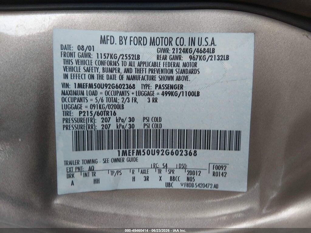 1MEFM50U92G602368 2002 MERCURY SABLE photo no. 9