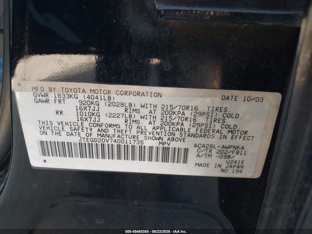 JTEGD20V740011735 2004 TOYOTA RAV4 photo no. 9