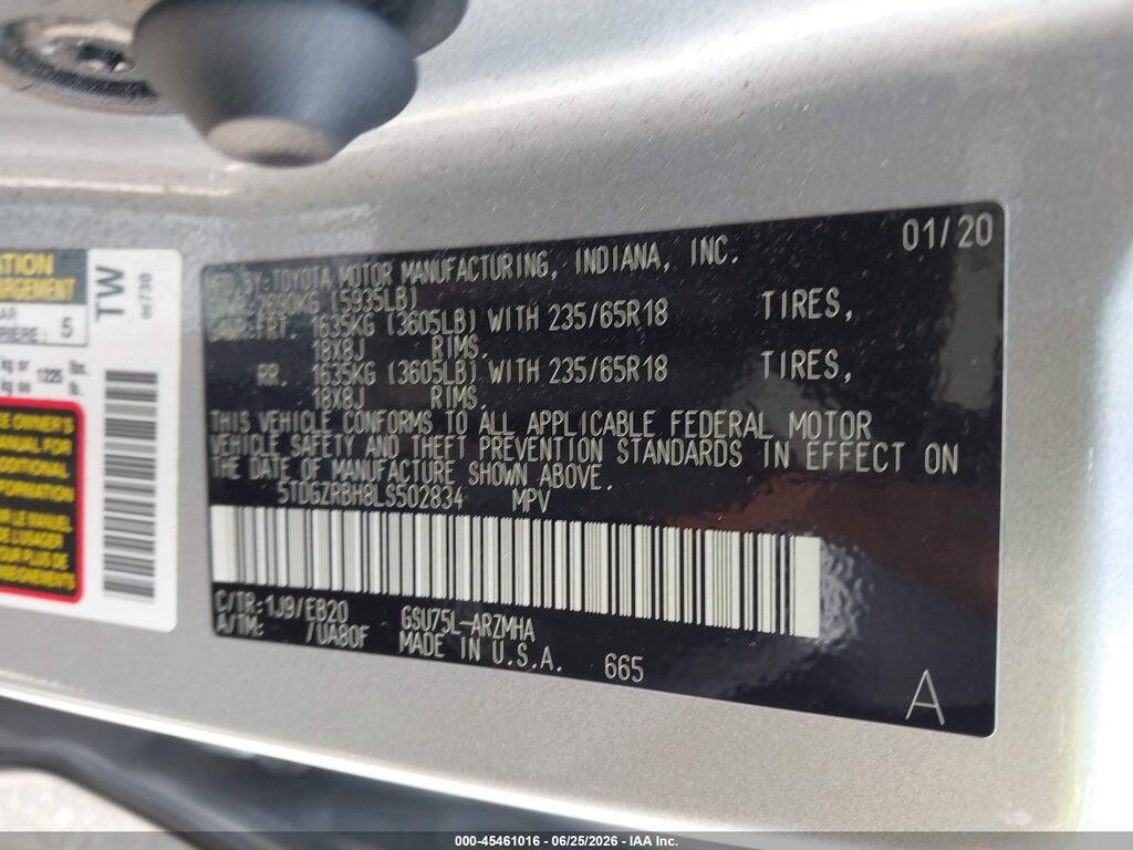 5TDGZRBH8LS502834 2020 TOYOTA HIGHLANDER photo no. 9