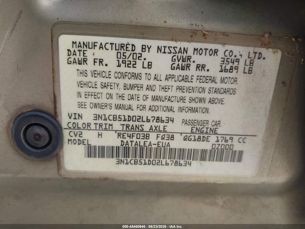 3N1CB51D02L678634 2002 NISSAN SENTRA photo no. 9