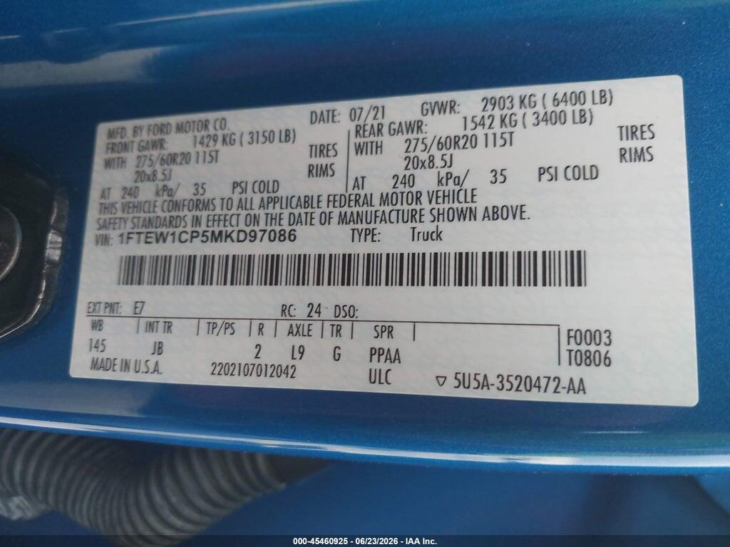 1FTEW1CP5MKD97086 2021 FORD F-150 photo no. 9