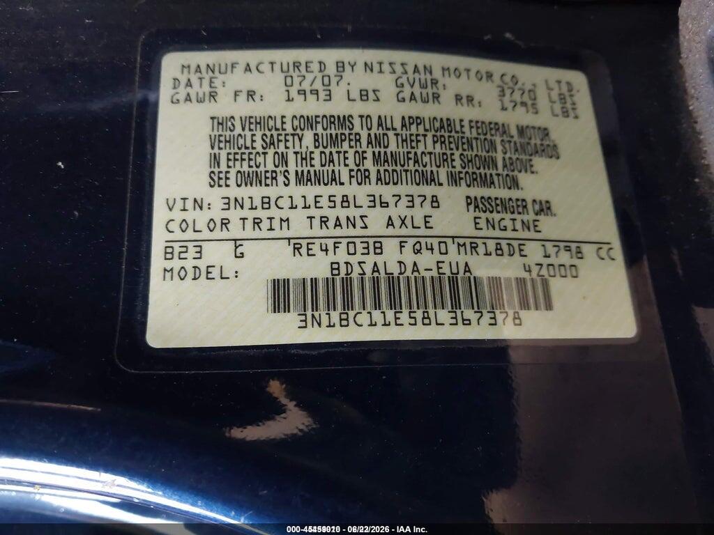 3N1BC11E58L367378 2008 NISSAN VERSA photo no. 9
