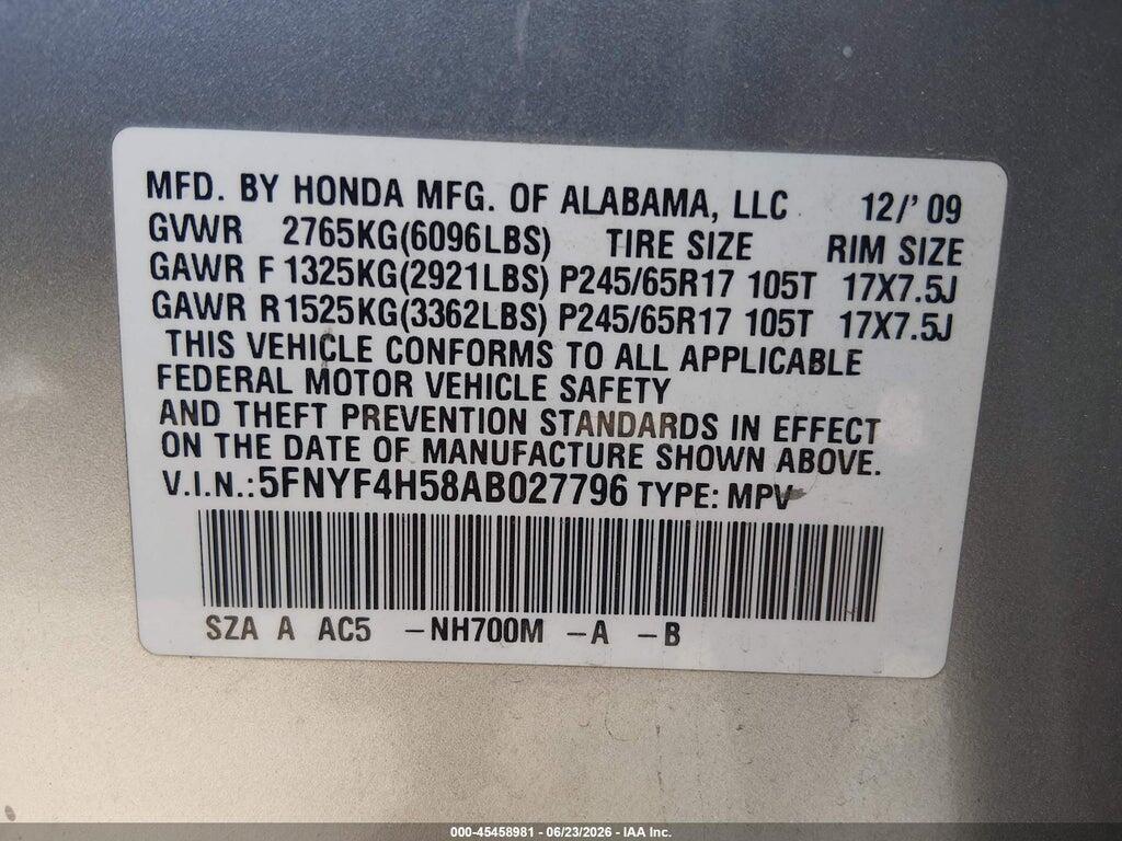 5FNYF4H58AB027796 2010 HONDA PILOT photo no. 9