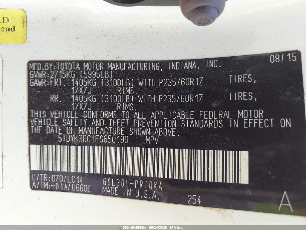5TDYK3DC1FS650190 2015 TOYOTA SIENNA photo no. 9