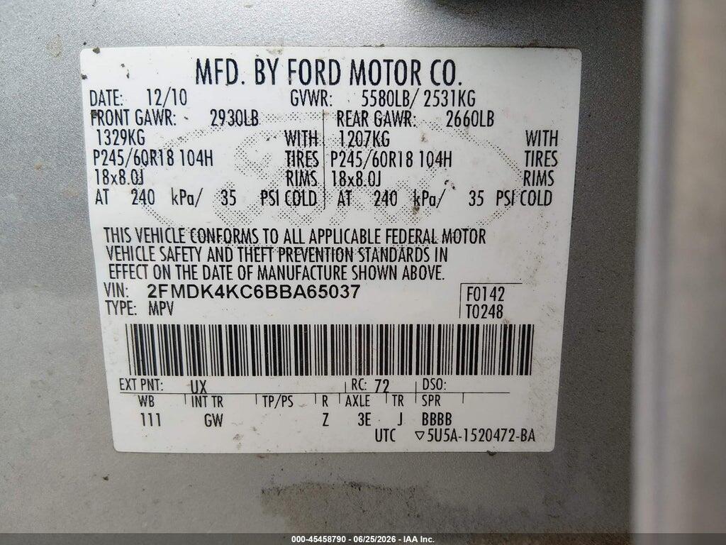 2FMDK4KC6BBA65037 2011 FORD EDGE photo no. 9