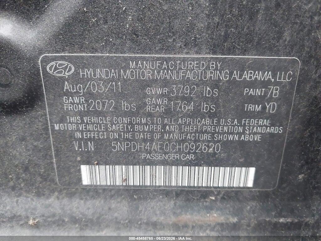5NPDH4AE0CH092620 2012 HYUNDAI ELANTRA photo no. 9