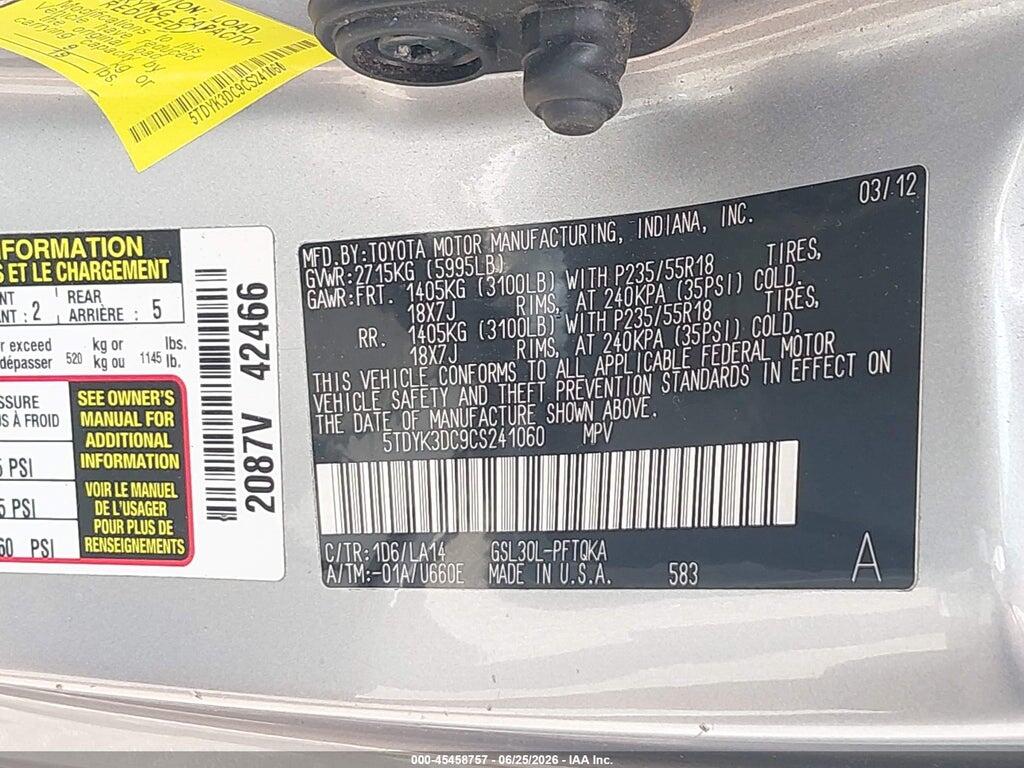 5TDYK3DC9CS241060 2012 TOYOTA SIENNA photo no. 9