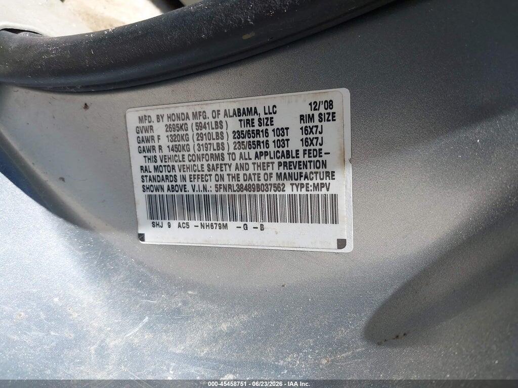 5FNRL38489B037562 2009 HONDA ODYSSEY photo no. 9