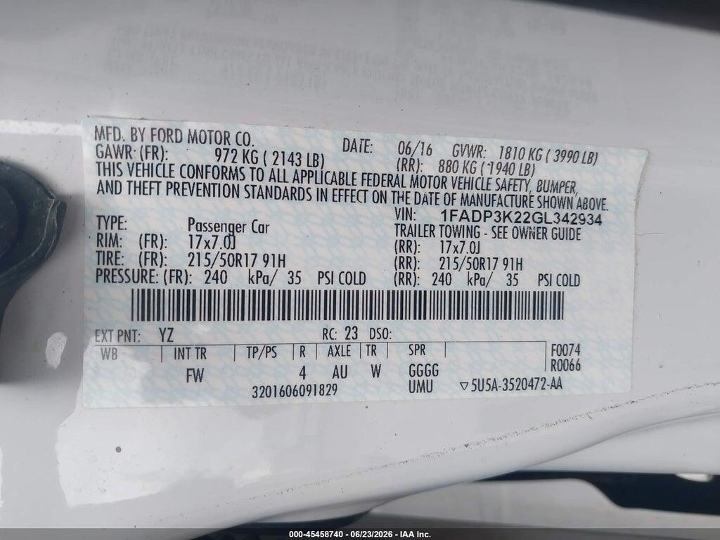1FADP3K22GL342934 2016 FORD FOCUS photo no. 9