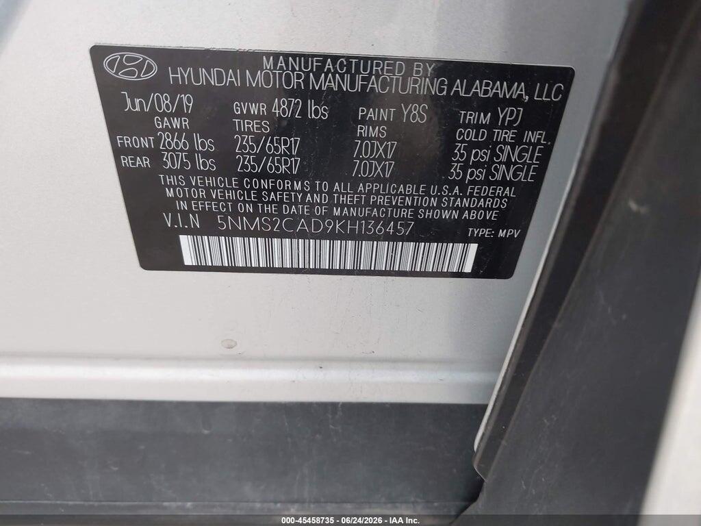 5NMS2CAD9KH136457 2019 HYUNDAI SANTA FE photo no. 9