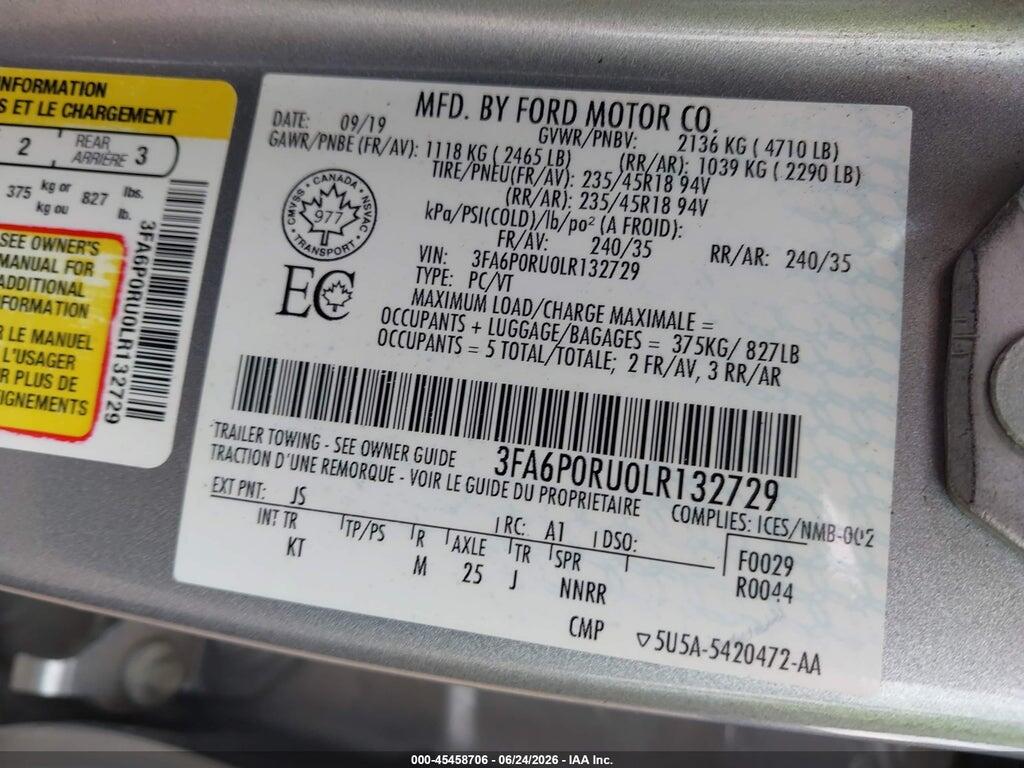 3FA6P0RU0LR132729 2020 FORD FUSION photo no. 9