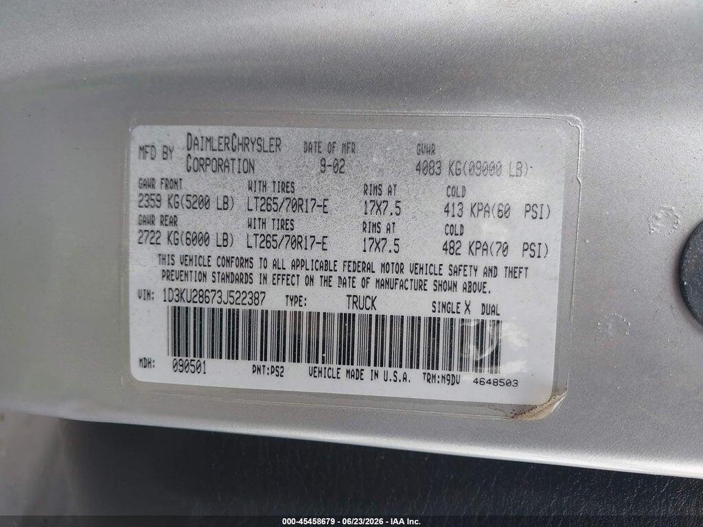 1D3KU28673J522387 2003 DODGE RAM 2500 photo no. 9