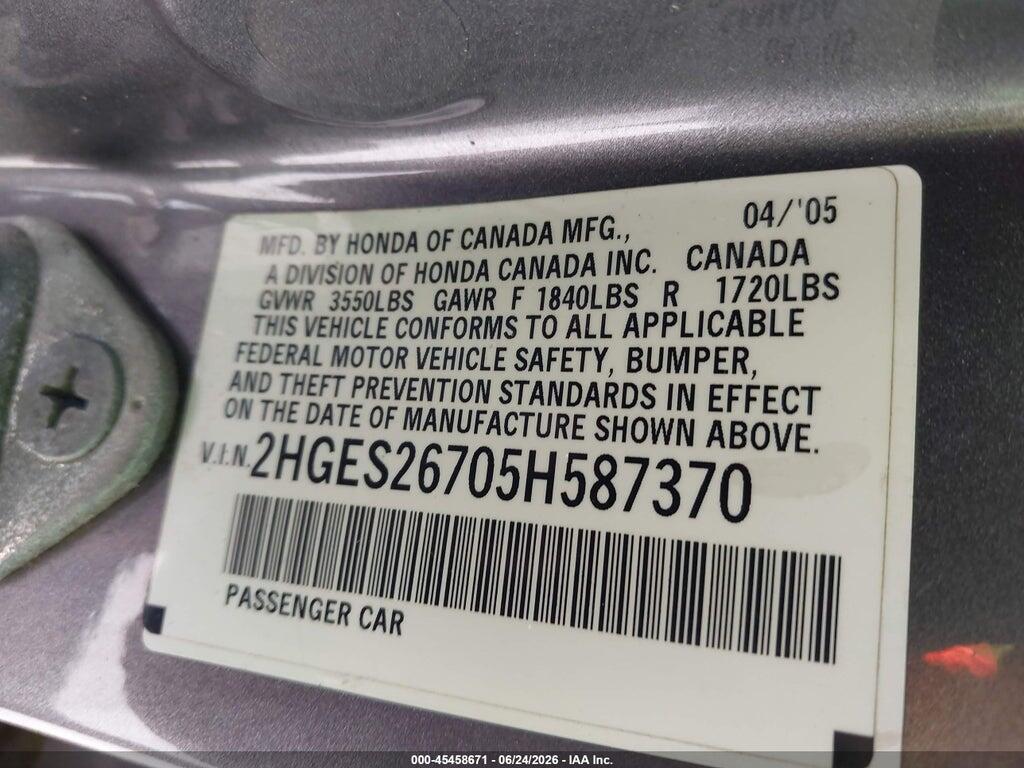 2HGES26705H587370 2005 HONDA CIVIC photo no. 9
