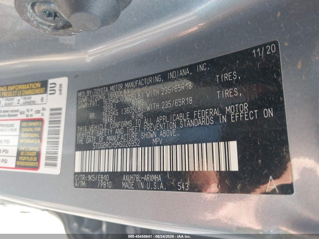 5TDGBRCH5MS026952 2021 TOYOTA HIGHLANDER photo no. 9