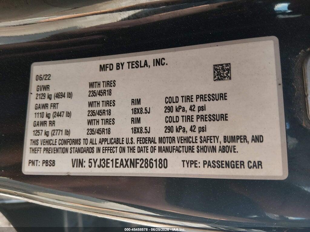 5YJ3E1EAXNF286180 2022 TESLA MODEL 3 photo no. 9