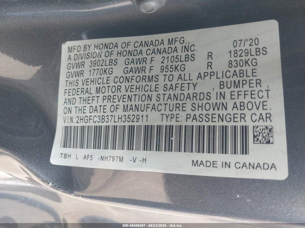 2HGFC3B37LH352911 2020 HONDA CIVIC photo no. 9