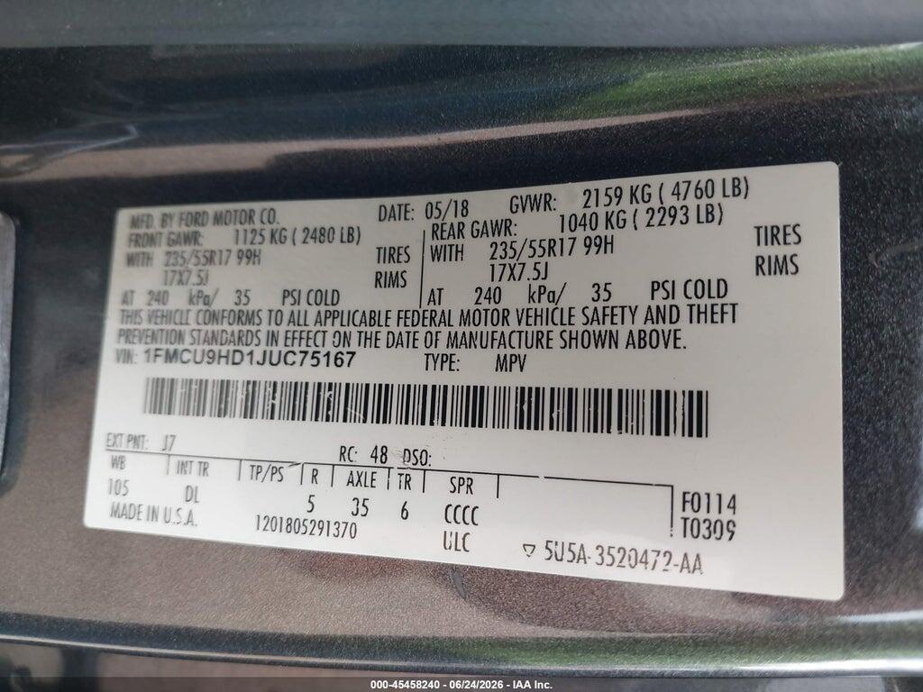 1FMCU9HD1JUC75167 2018 FORD ESCAPE photo no. 9
